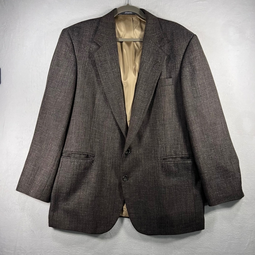 Haggar Imperial Mens Blazer Jacket Glen Check Plaid Tweed‎ Wool Blend Brown USA